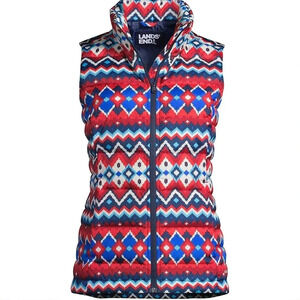 Land’s End women’s down puffer vest 1X 16 18 blue red white ivory chevron winter